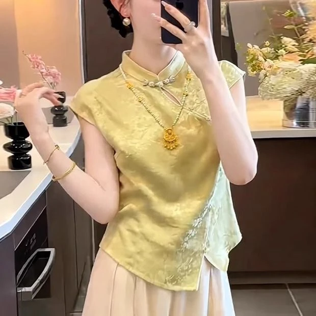 高级气质夏装新中式国风百搭高级气质提花盘扣短袖上衣女T恤轻薄