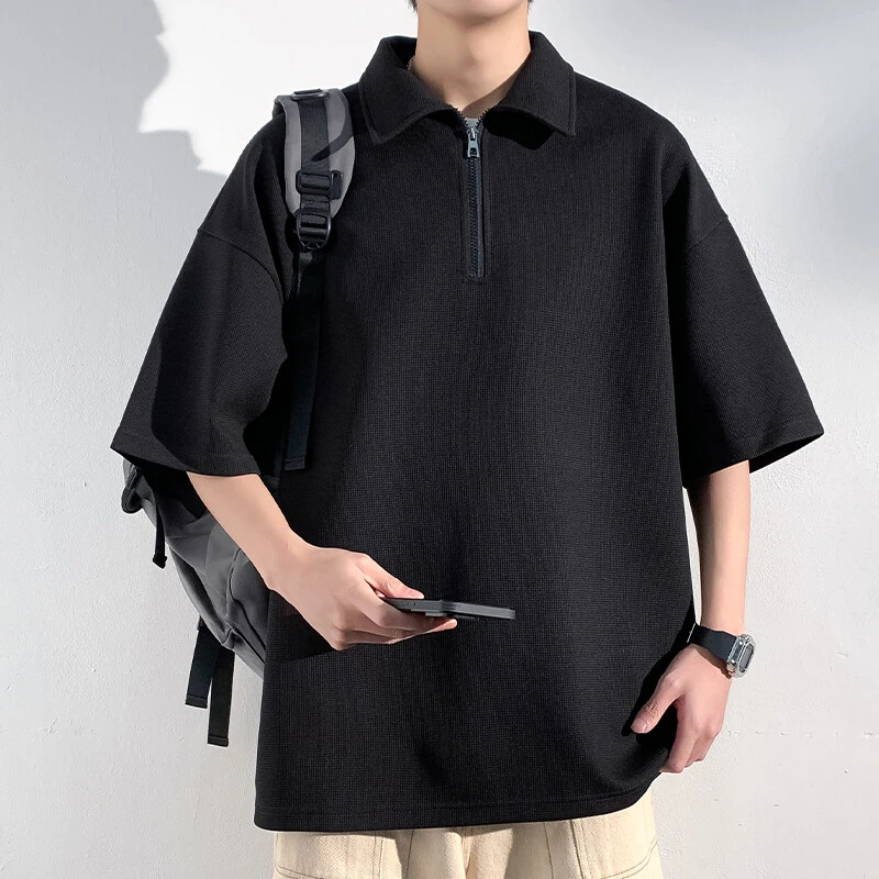 引创短袖t恤男士夏季新款华夫格翻领半拉链高街短袖T恤男宽松上衣