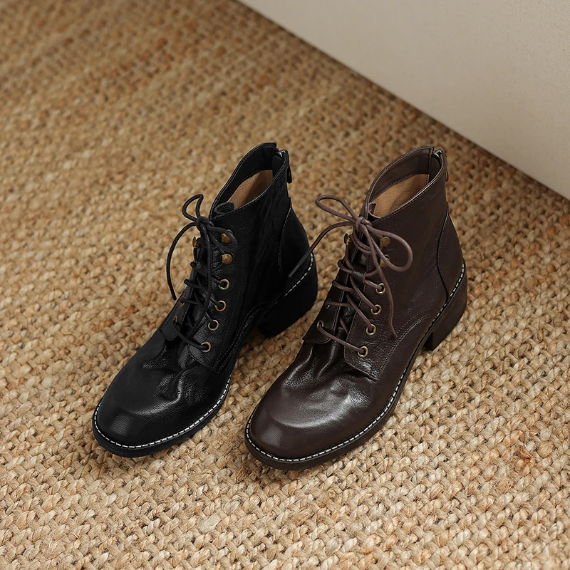 34-40码|4cm中跟|黑/棕|陈摸鱼圆头粗跟系带复古舒适马丁靴秋冬