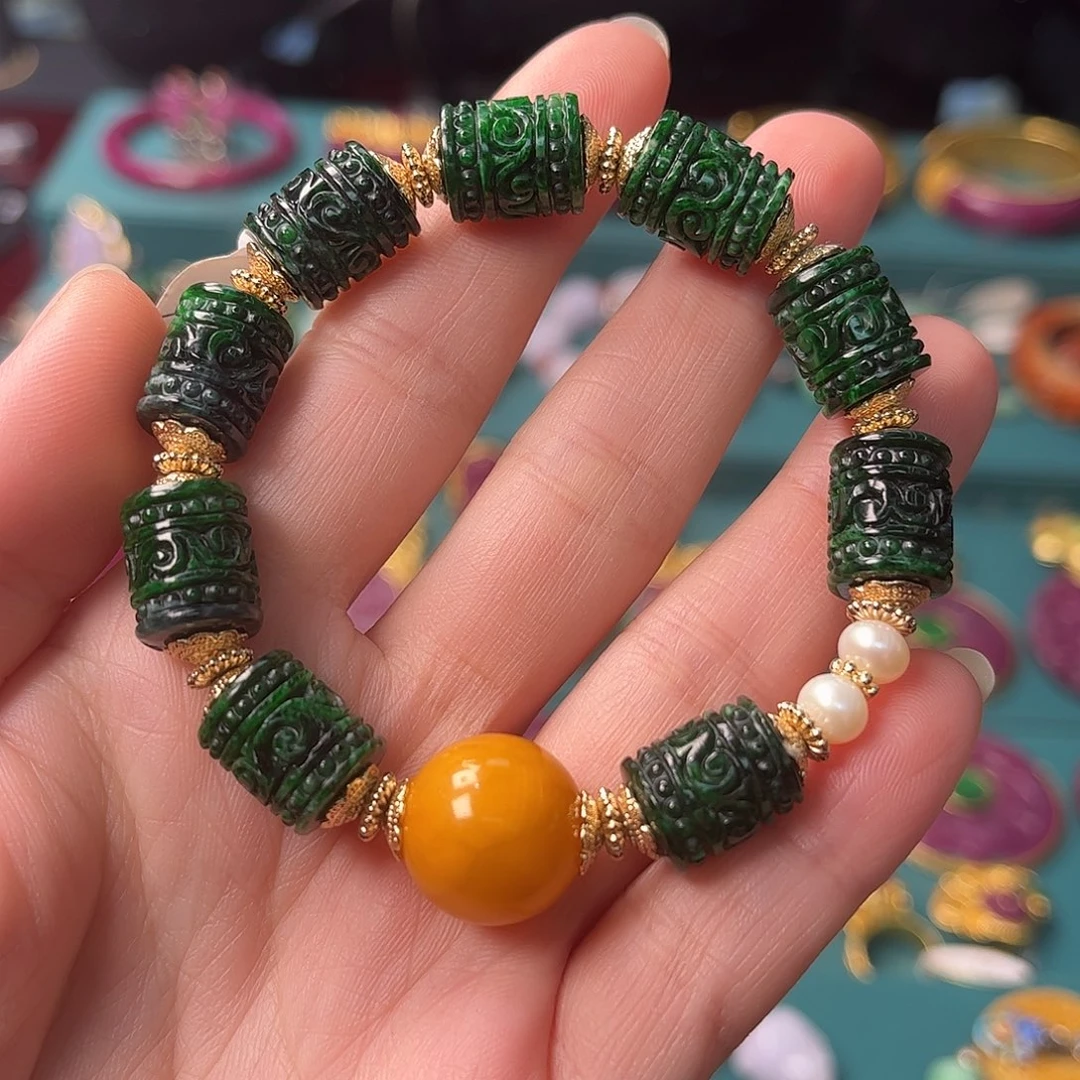 翡翠未镶嵌手链辣绿花青翡翠多宝手链