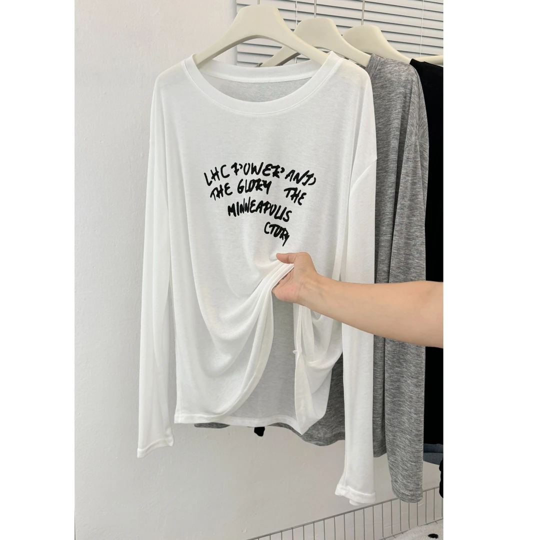 早秋新款小衫长袖印花字母圆领慵懒T恤女小众设计感罩衫百搭上衣