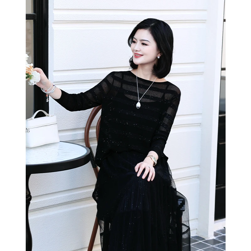 阿楠anan 织影初见 韩国蒙娜丽莎圆领条纹亮片女夏新款长袖网纱衫