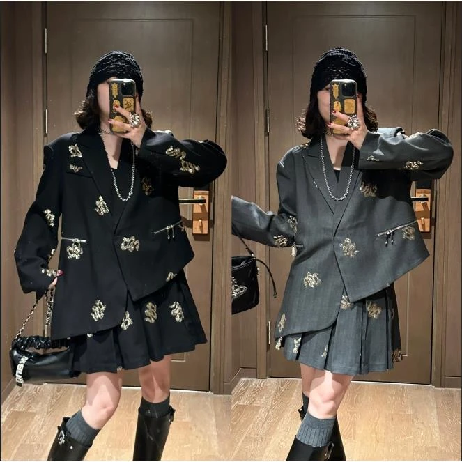 YDFSTUDIO小众【层次美感】欧货高品重磅亮片设计时尚西装+半裙套装