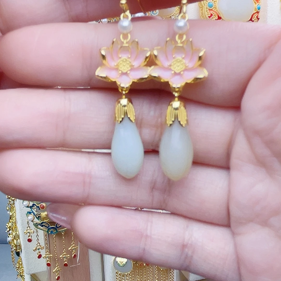 和田玉银S925镀金镶嵌耳饰