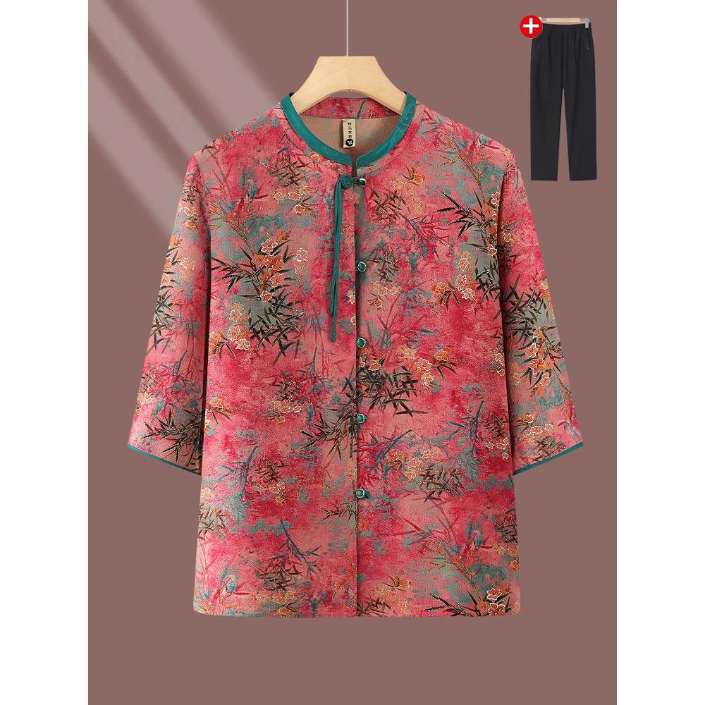 妈妈夏装衬衫上衣2025新款洋气中老年人女T恤小衫气质短袖上衣服