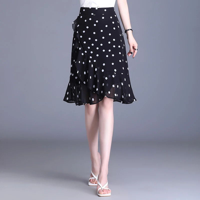 波点雪纺短裙中长半身裙女夏2025新款高腰显瘦小个子荷叶边a字裙
