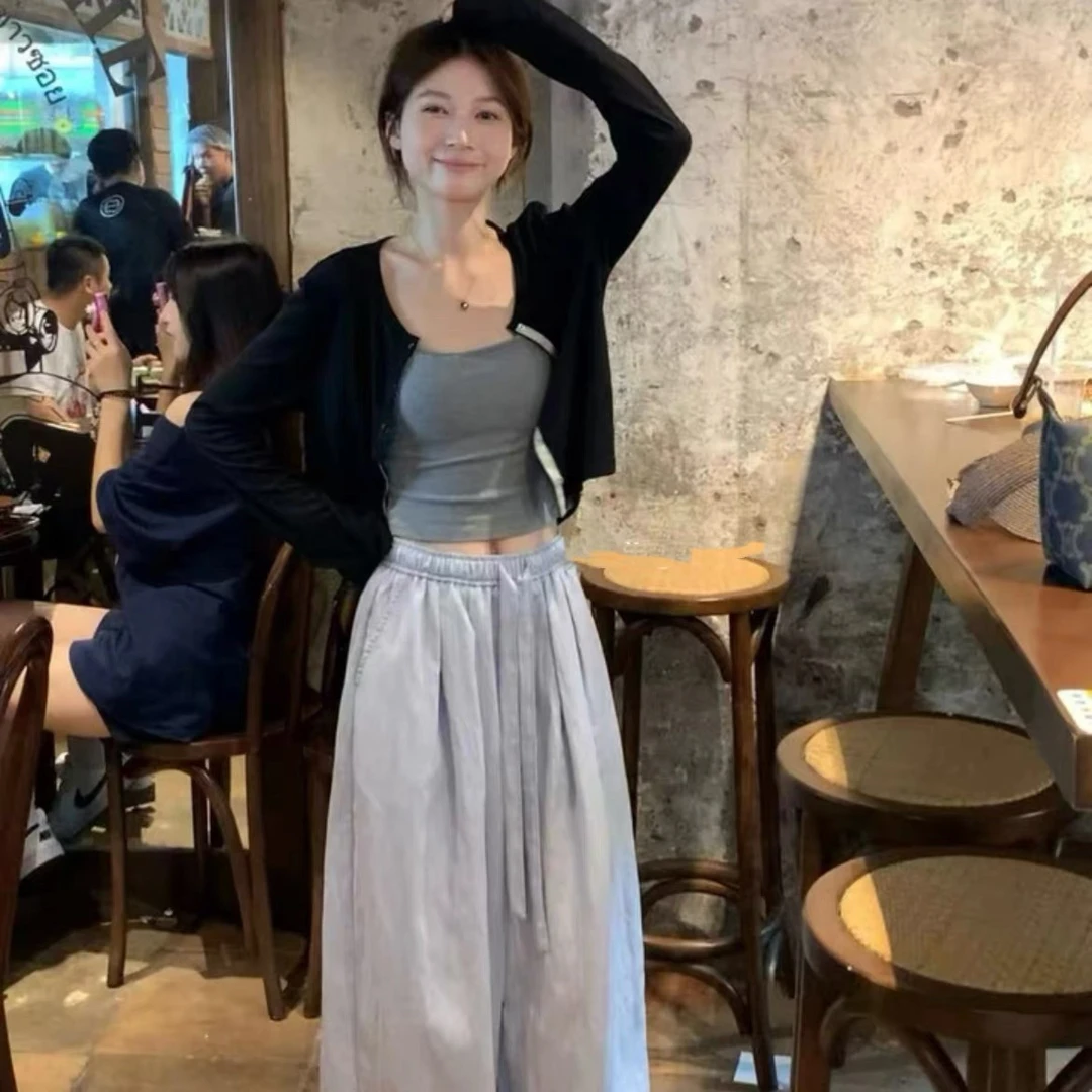 灰灰呀！韩系复古防晒开衫外套+内搭吊带背心+高腰休闲裤套装