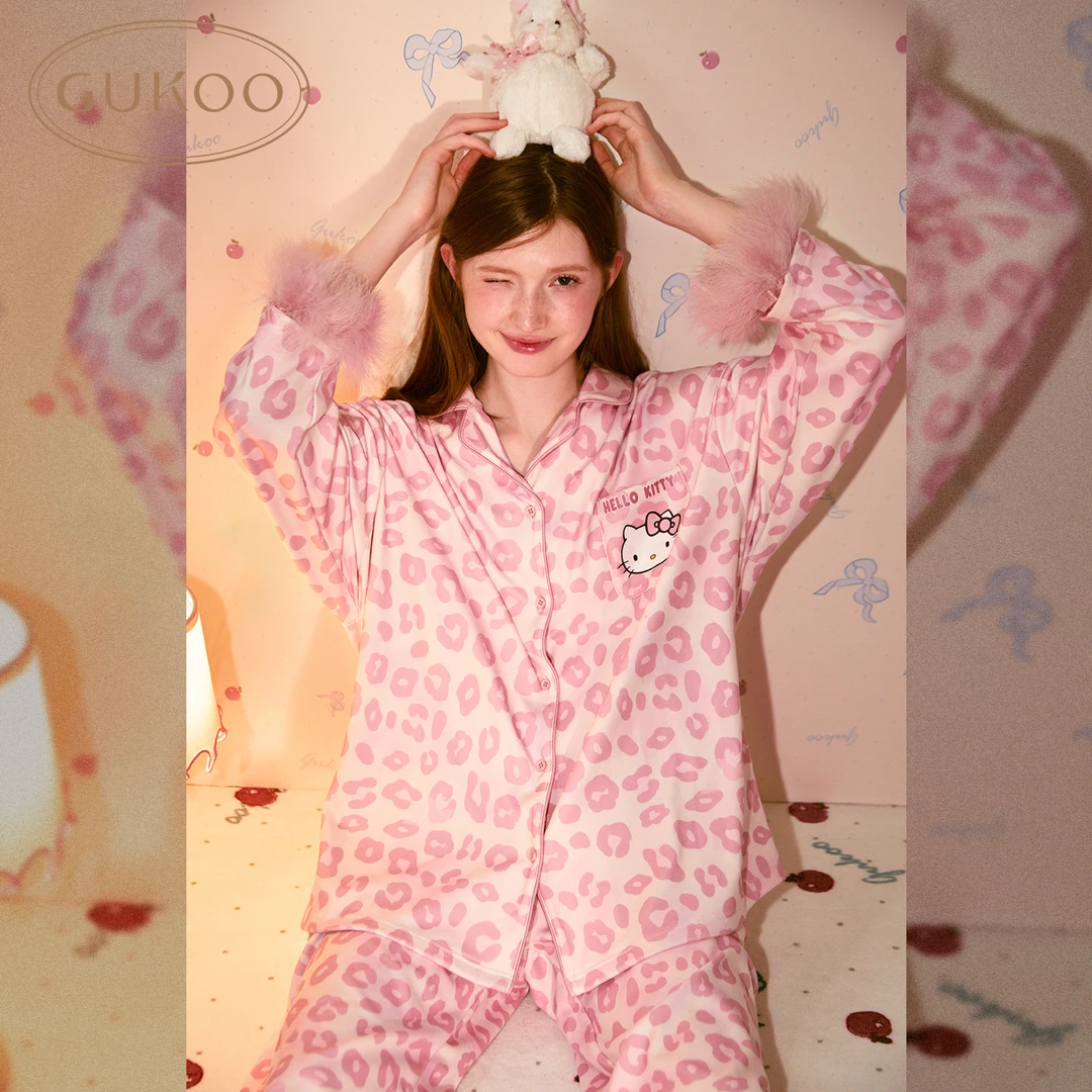 【Gukoo果壳】德绒轻盈hellokitty甜美豹纹满印长袖女士家居服套装