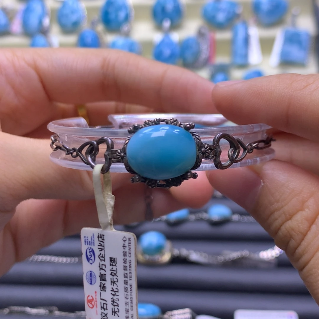 针钠钙石（海纹石）银S925镶嵌手链蛋面手链色差略异