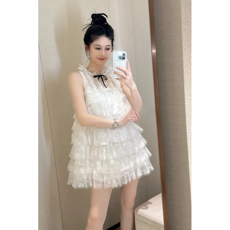 LIULIU 赵露思同款 仙羽织梦裙芭蕾风白色蕾丝蛋糕连衣裙公主裙