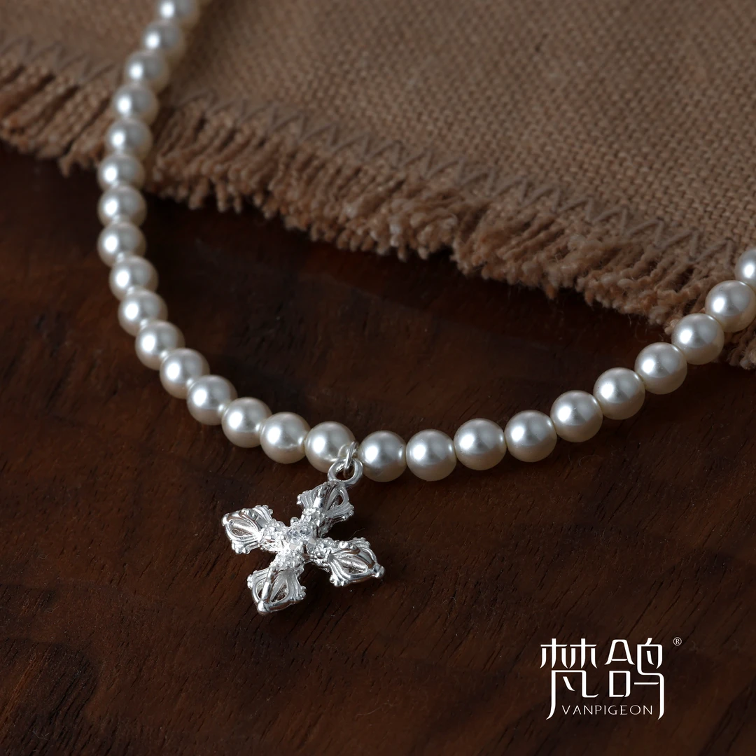 VANPIGEON/梵鸽 链子925银仿珍珠 十字星项链手工气质轻奢时尚