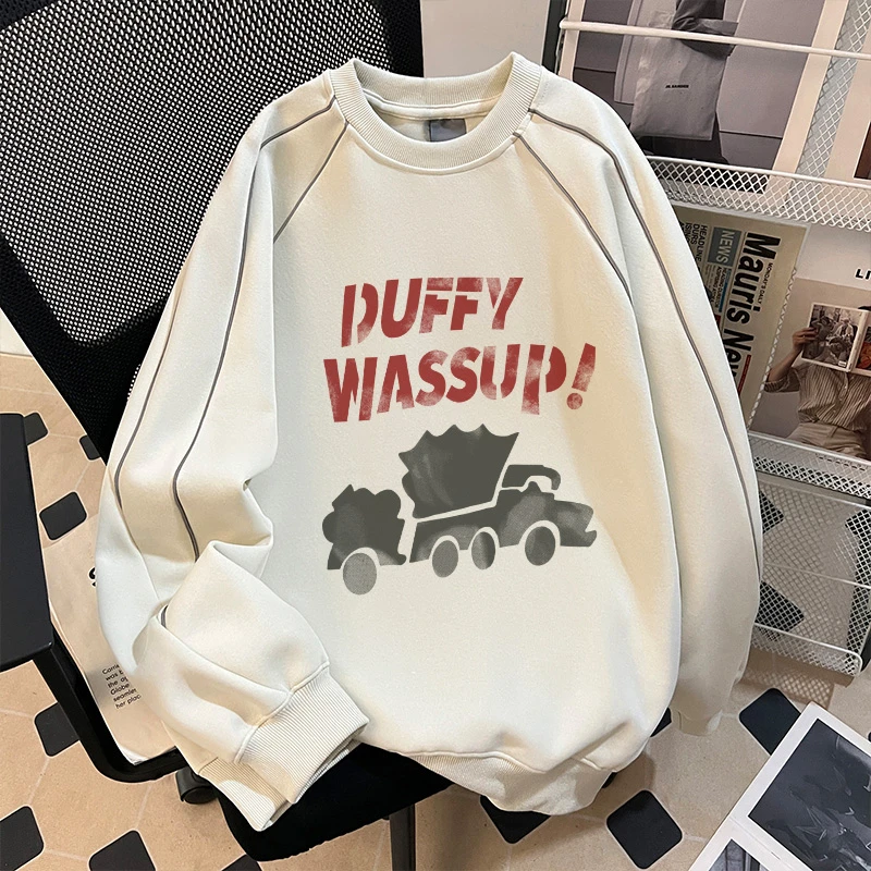 秋冬宽松潮牌套头款圆领潮印花卫衣加厚连帽休闲长袖反光条上衣