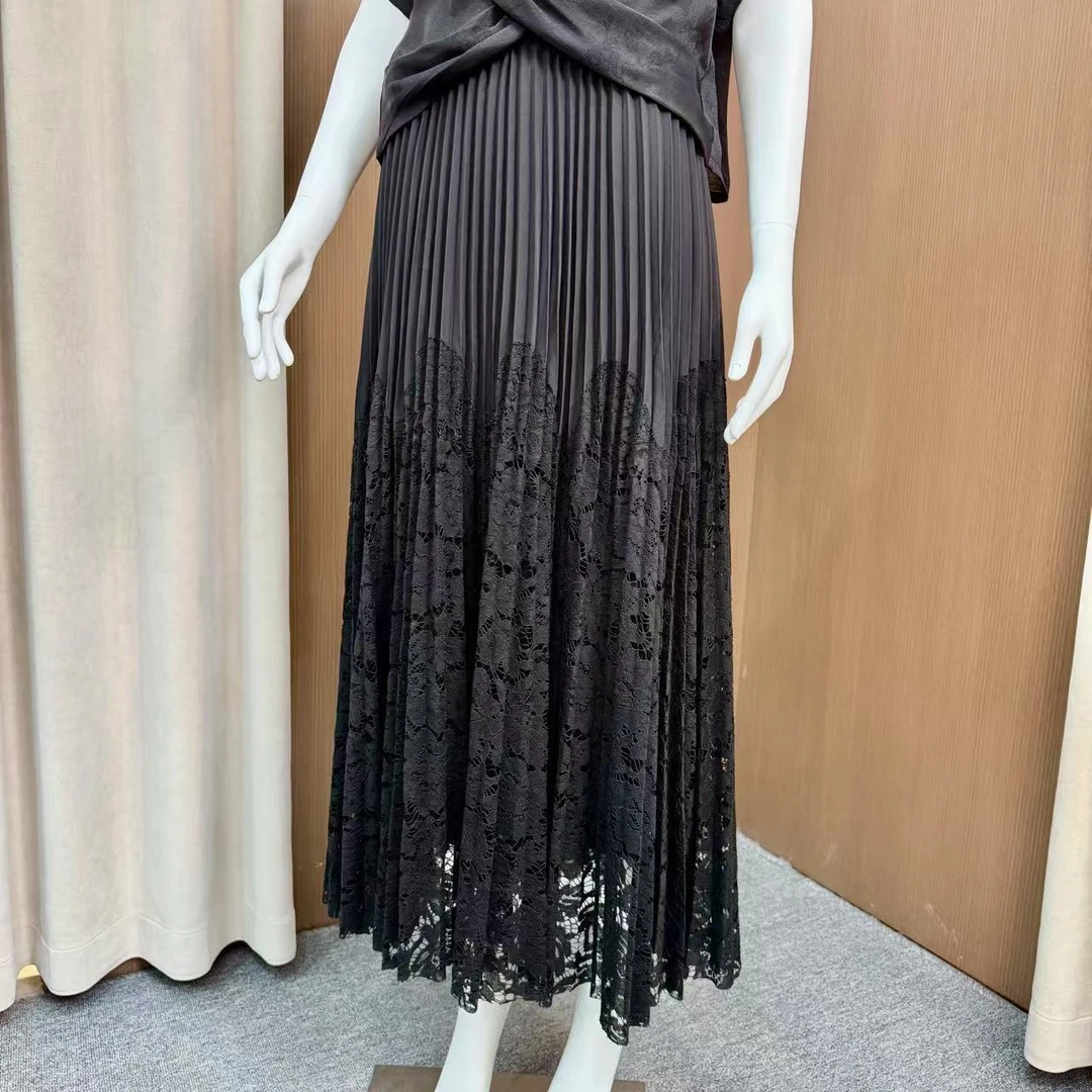 AQY 00144 黑色蕾丝拼接百褶半身裙女