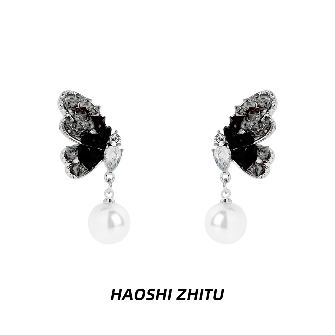 合金合成锆石耳饰 A025《暗夜蝶》黑色复古蝴蝶渐变晶石优雅甜酷