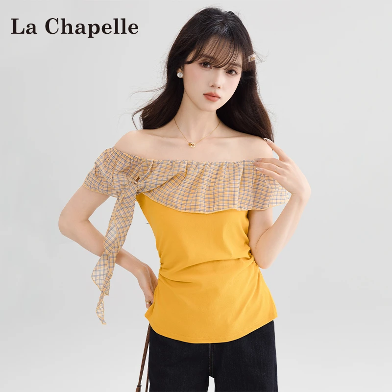 拉夏贝尔格子拼接短袖t恤女2025夏季新款修身显瘦露肩设计感上衣