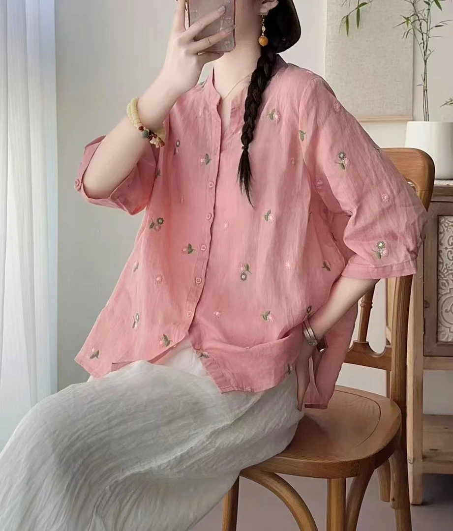 女士夏季百搭刺绣小花苎麻衬衫