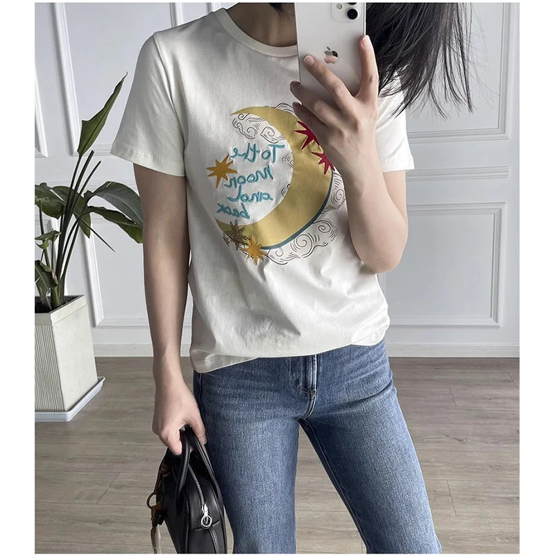 难得好看，重工刺绣正肩版型烫钻工艺印花短袖纯棉Tee恤 女