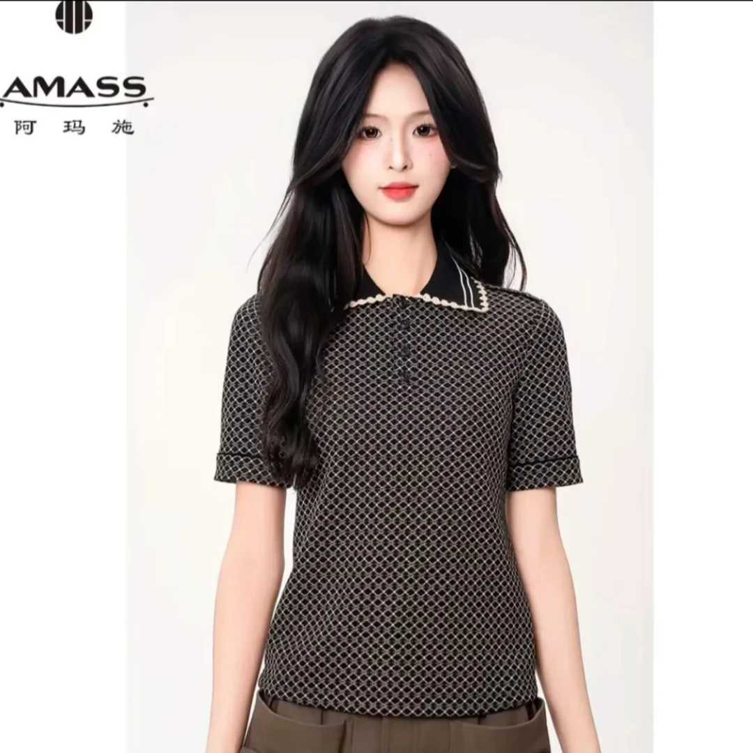 AMASS/阿玛施女装新款气质短袖上衣极简风经典百搭小香针织530008