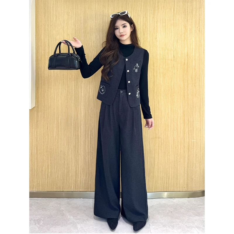 拉夏贝尔时尚套装女2025秋季新款韩版马甲打底衫复古阔腿裤三件套