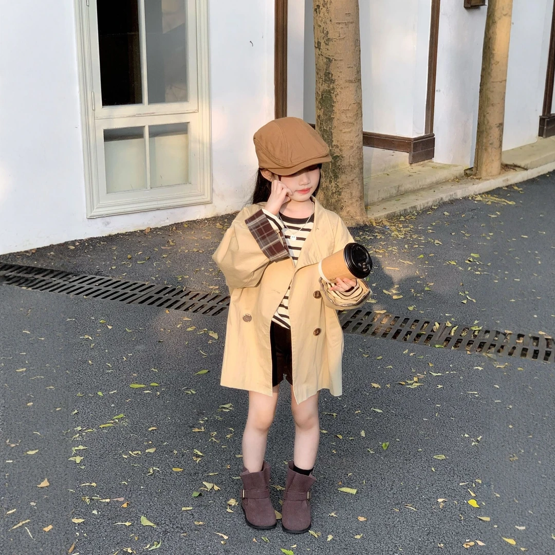 女童风衣秋装2025新款中小童韩版休闲格子袖外套儿童中长款大衣潮