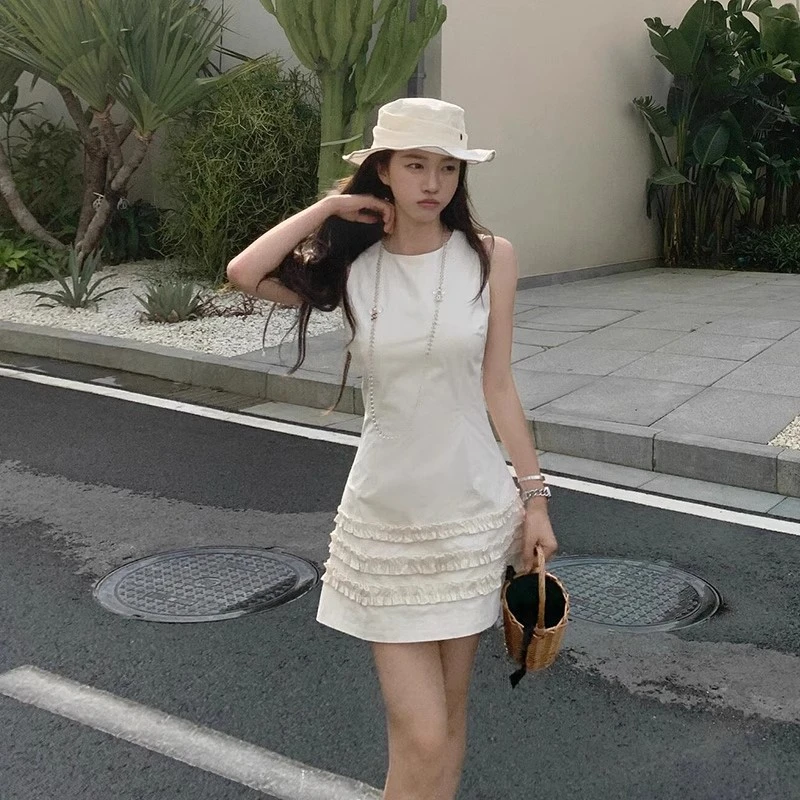2025年夏季无袖衬衫连衣裙气质收腰a字纯色辣妹裙子宴会短裙