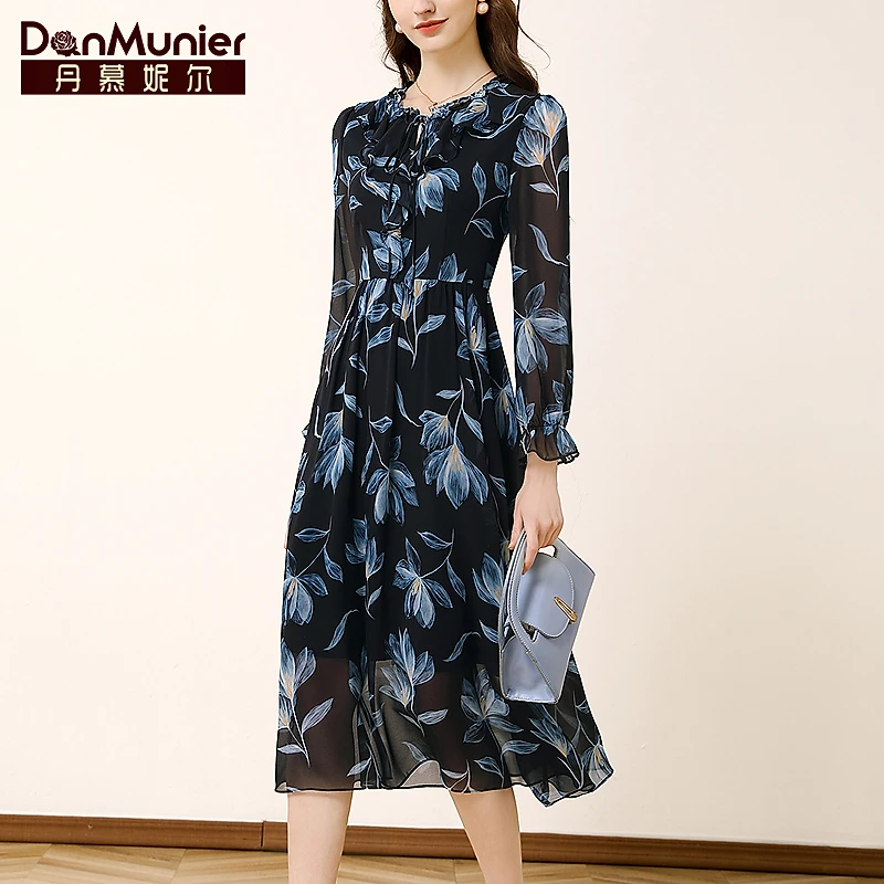 丹慕妮尔春季V领A字裙印花连衣裙长裙显瘦长袖春秋季碎花时尚优雅