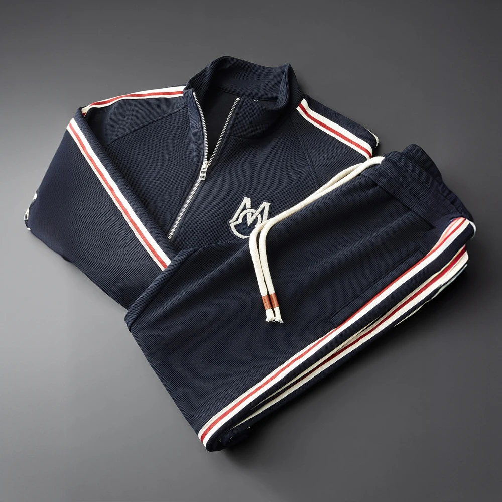 普卡夕赫运动套装男秋冬潮流侧边织带立领开衫外套直筒裤两件套