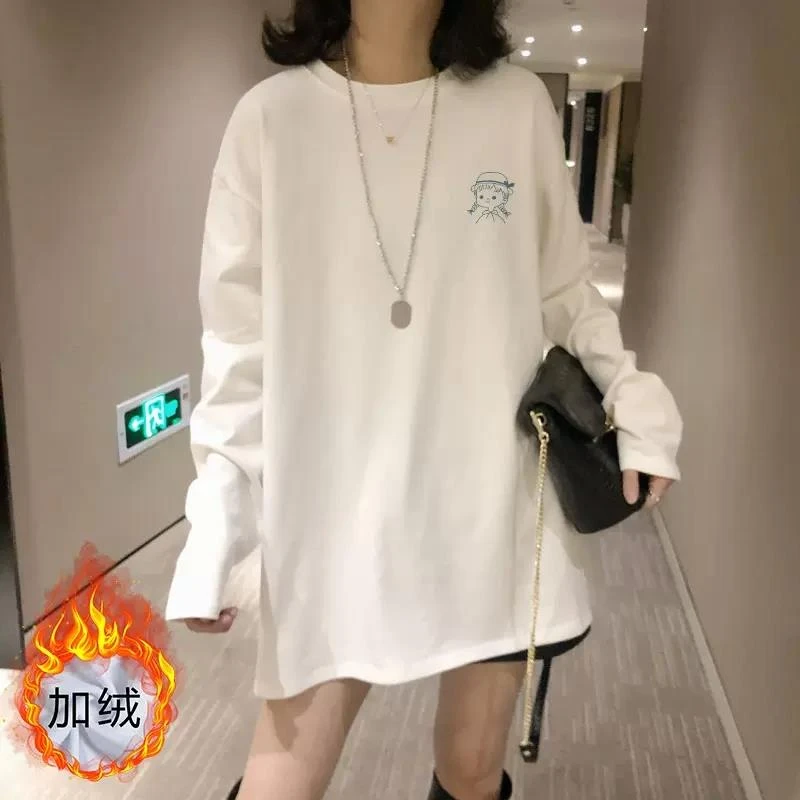 白色内搭打底衫女秋冬季加绒高级新款宽松中长款遮屁女士保暖打底