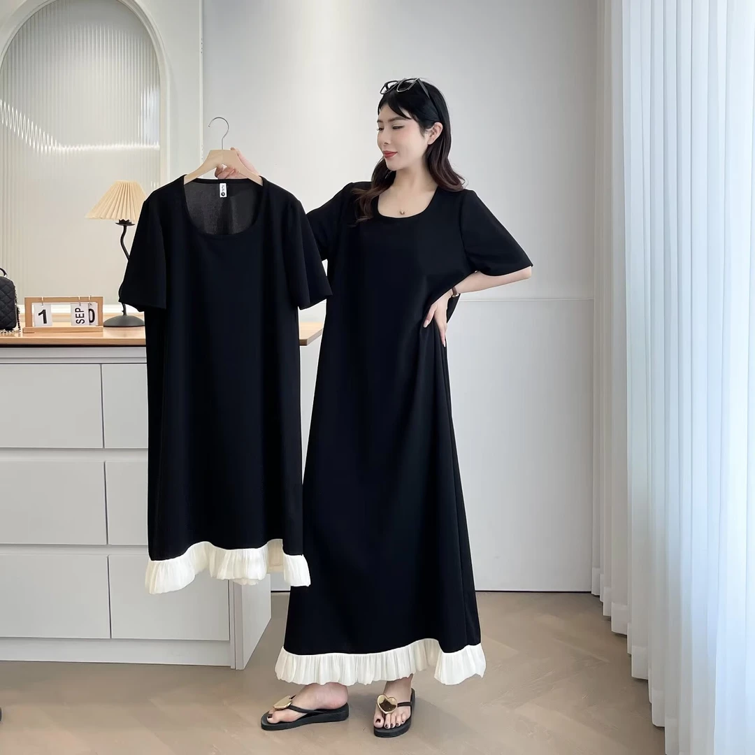 休闲卫衣女短袖夏季新款宽松减龄花边拼接连衣裙中长款5092