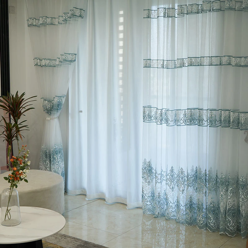 加高法式透光绣花纱帘家用客厅落地窗纱帘卧室阳台隔断帘飘窗窗帘