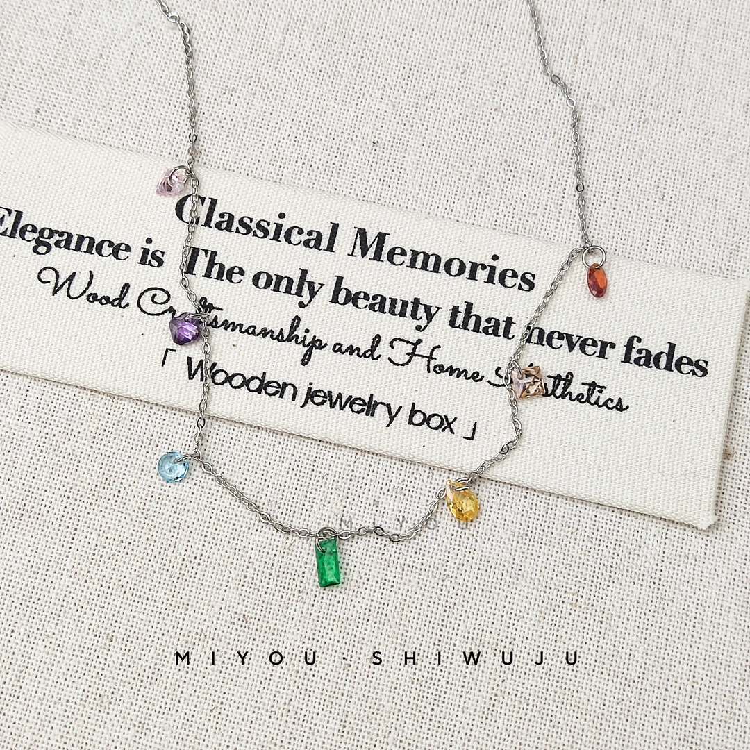 钛钢项链 七颗彩钻彩色晶晶项链轻奢小众简约时尚