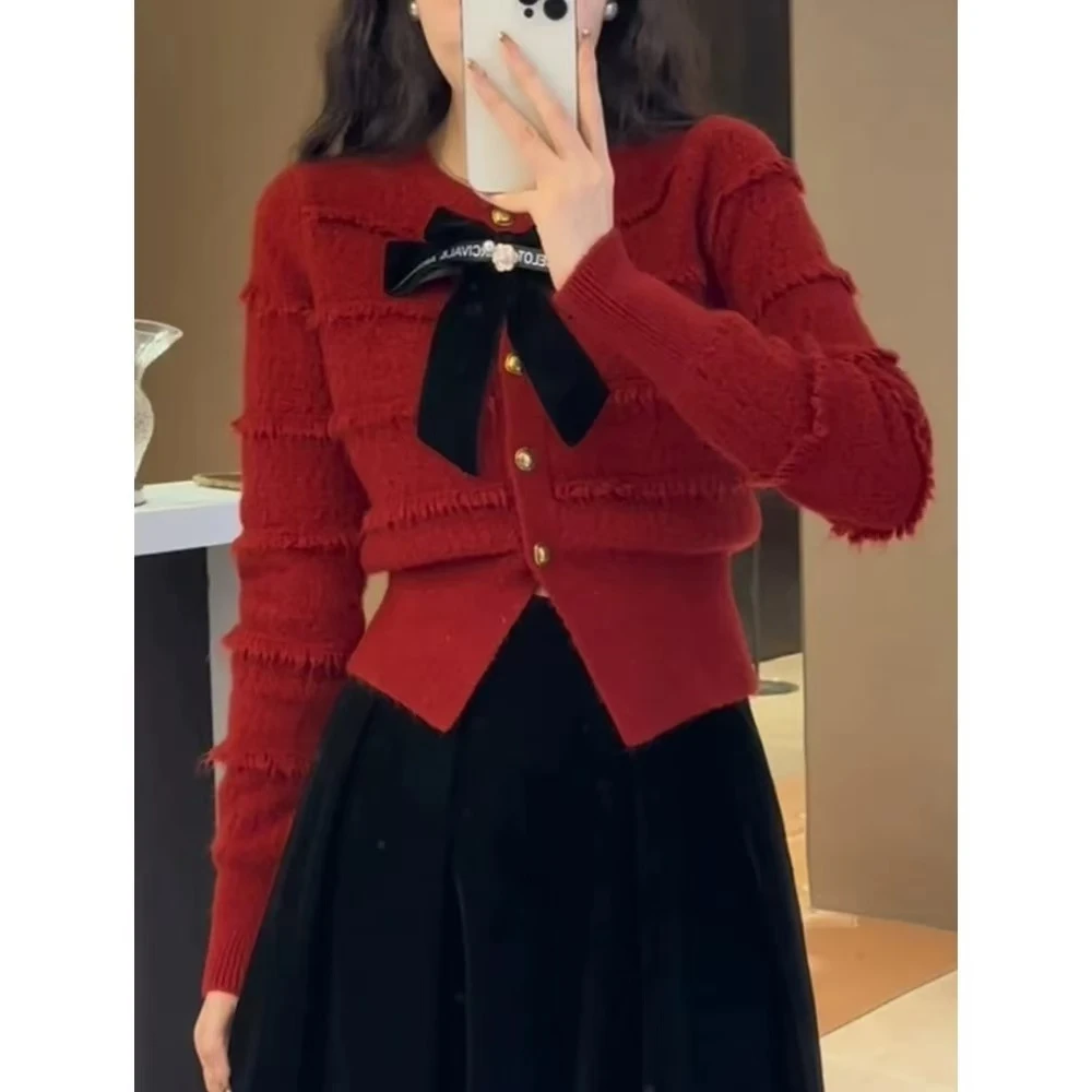 KUMAYES小香风可拆蝴蝶结毛衣开衫精致优雅百搭气质上衣【y7772】