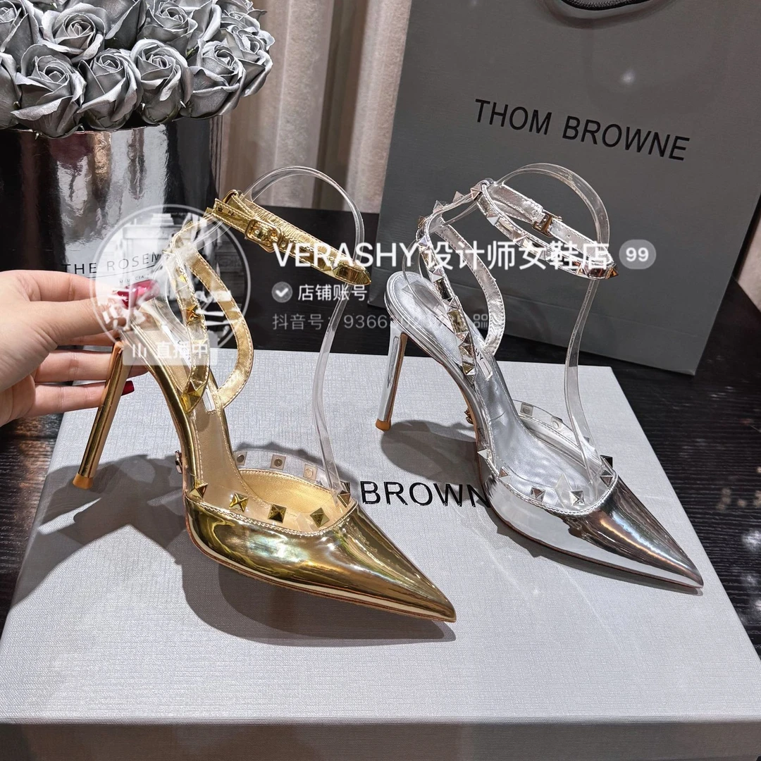 清仓 华家铆钉新款 25年细跟一字扣带包头铆钉高跟鞋