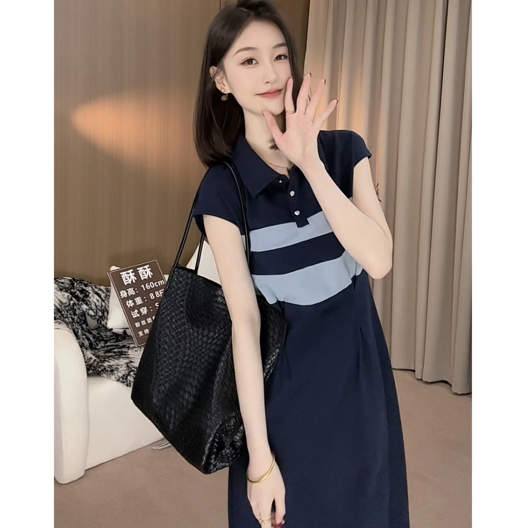 撞色拼接收腰显瘦POLO领中长款2025夏新款设计感复古连衣裙