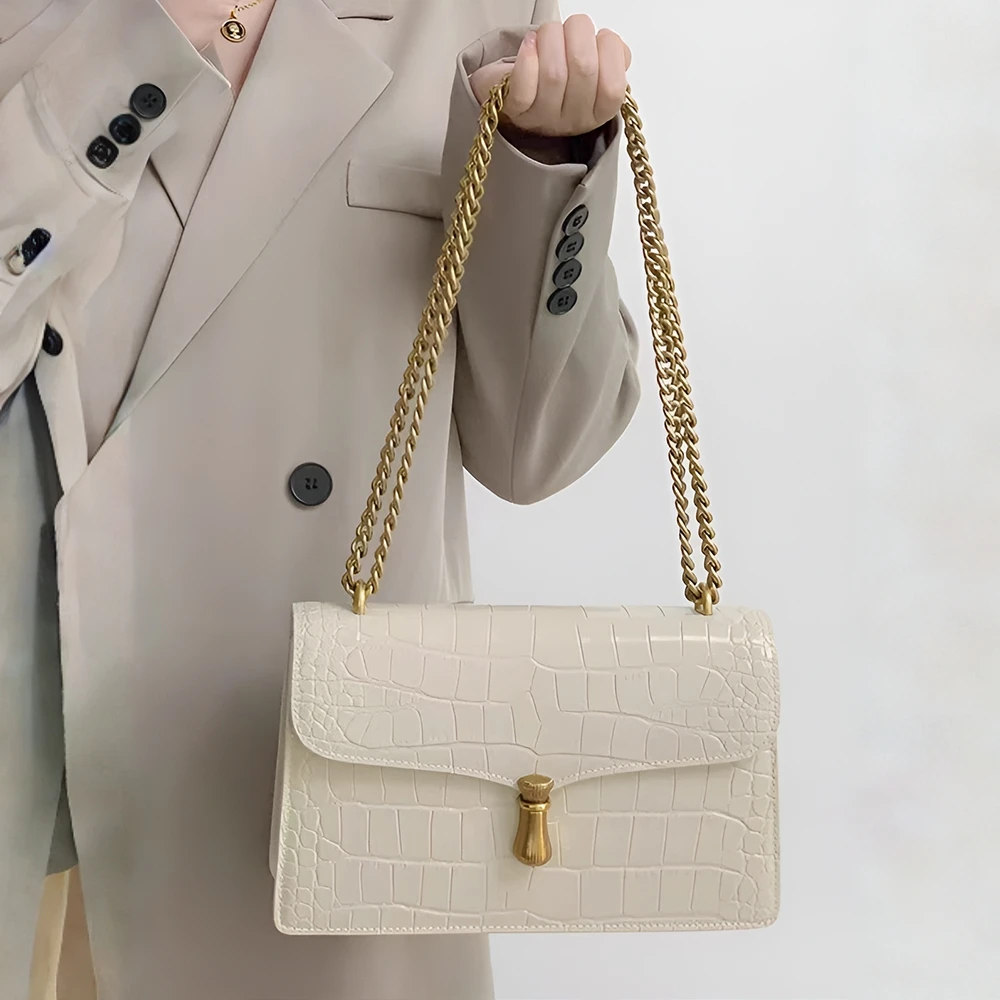 香港正品轻奢小众白色鳄鱼纹链条腋下包女式2025新款单肩斜挎包秋