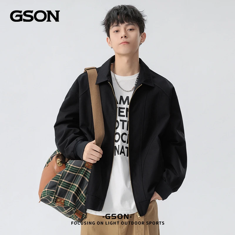 GSON复古水洗外套男女生2025年春季新款潮牌纯棉宽松翻领休闲夹克