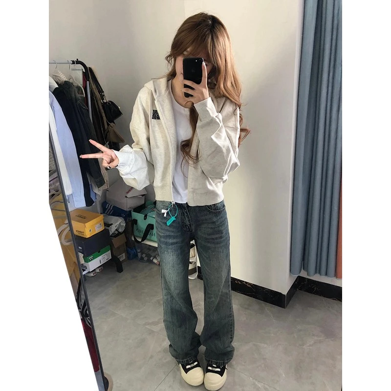 美式短款灰色连帽卫衣外套女春秋2025新款小个子宽松拉链开衫上衣