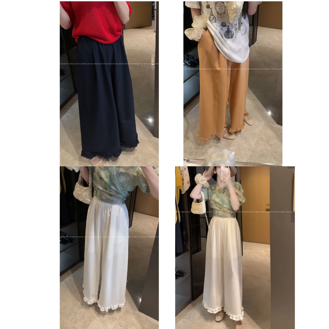 【古古】【浪漫裤】麻料好穿舒服超级百搭夏季韩系花边麻阔腿裤G25533
