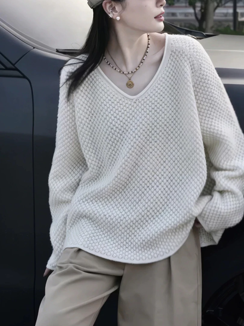 ［硕和集］915007 高级纹理感气质简约纯色V领宽松百搭上衣针织衫