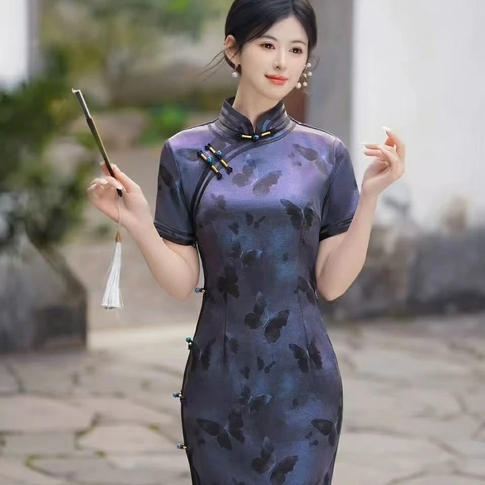 新款旗袍宴会演出礼仪走秀长款礼服连衣裙复古改良修身显瘦日常