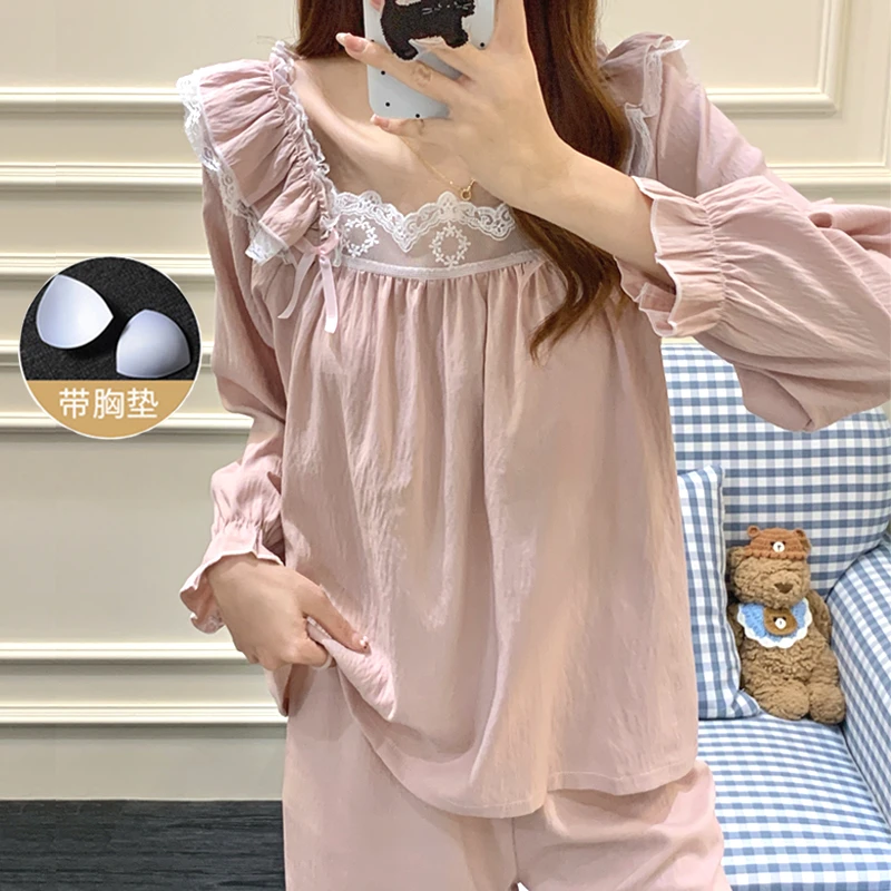 带胸垫睡衣女春秋季长袖公主风网红爆款女学生家居服方领套装2025