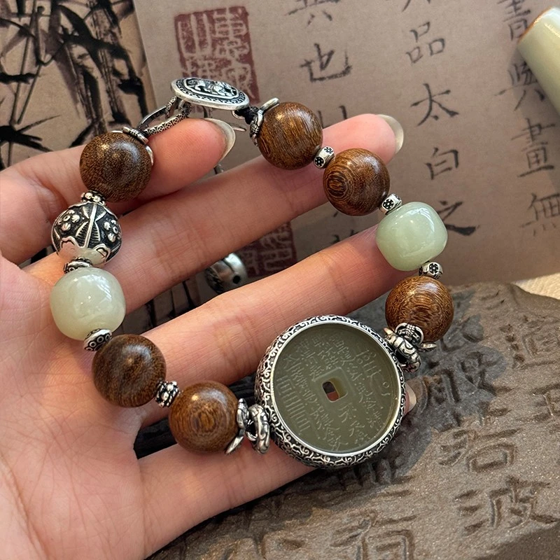 925银木质手链 S09185绿色山鬼花钱平安扣串珠手链银手串百搭古风