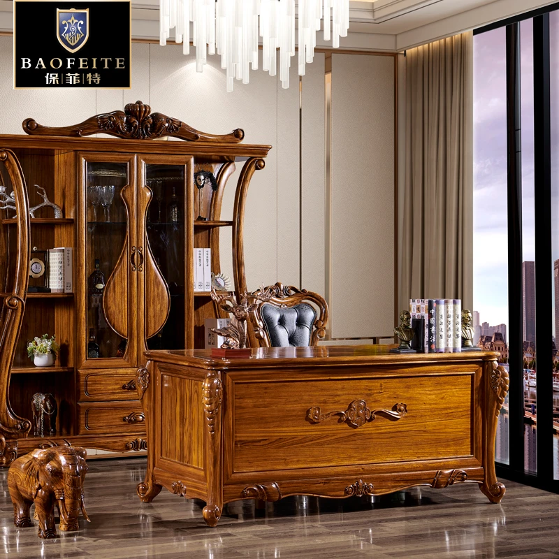 乌金木豪华书房家具电脑桌家用办公桌欧式奢华型家具实木写字台