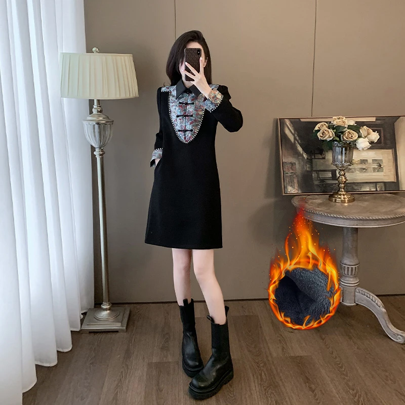 417--高级感新中式连衣裙外穿女秋冬时髦爆款小黑裙气质洋气裙子