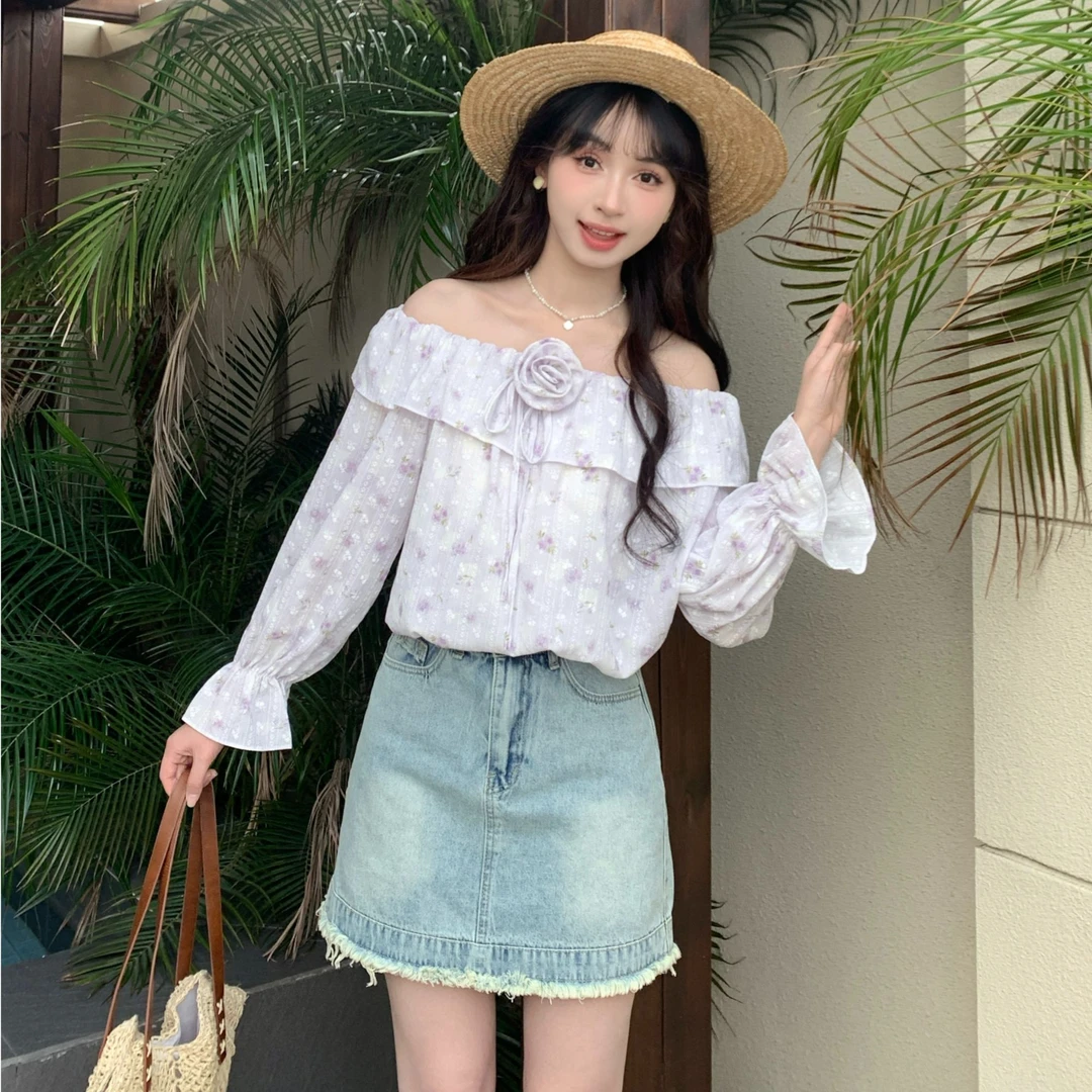 慕兔法式一字肩碎花衬衫女2025春季新款女设计感小众碎花喇叭袖子