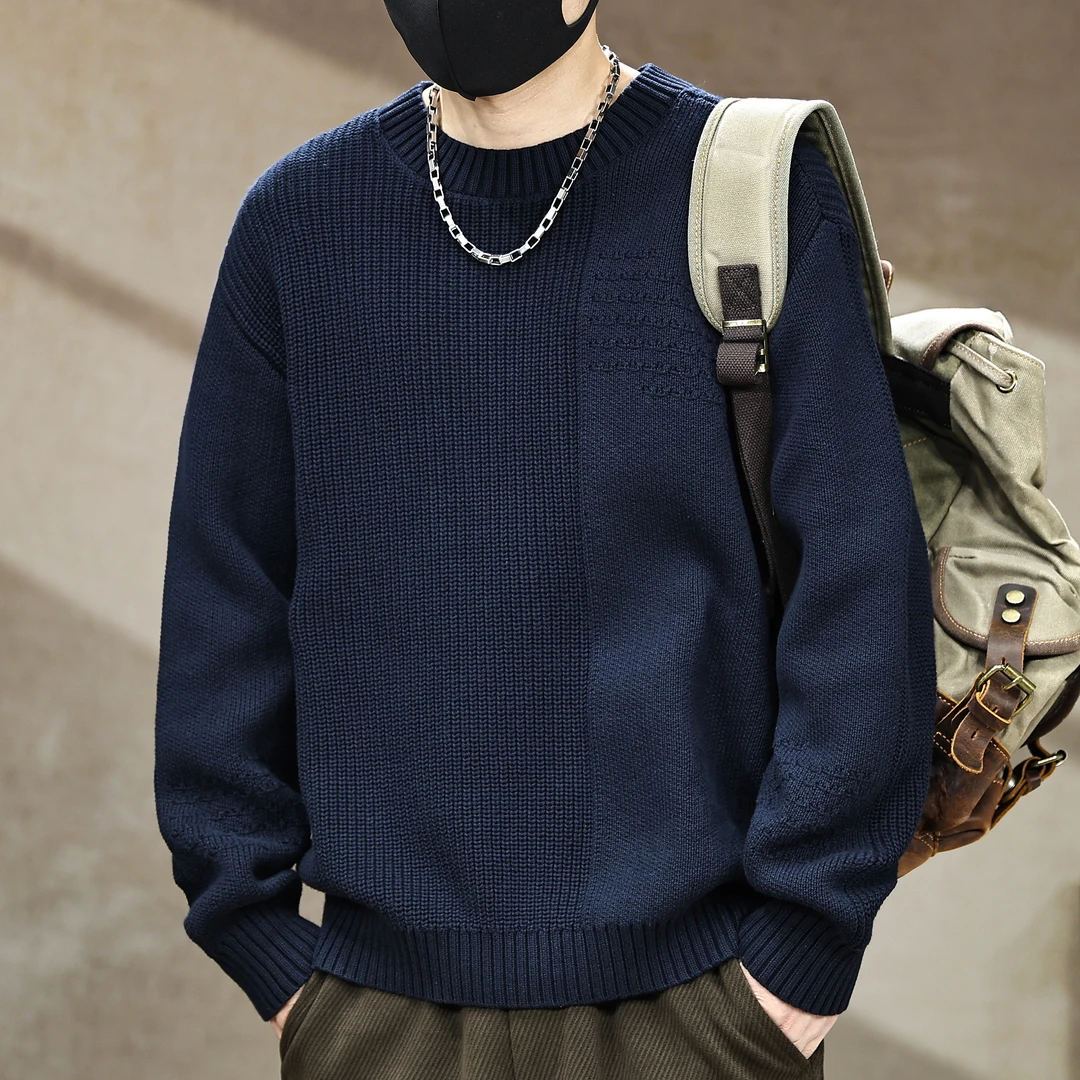 秋冬季新款纯棉圆领套头休闲长袖毛衣男宽松大码软糯舒适针织衫潮