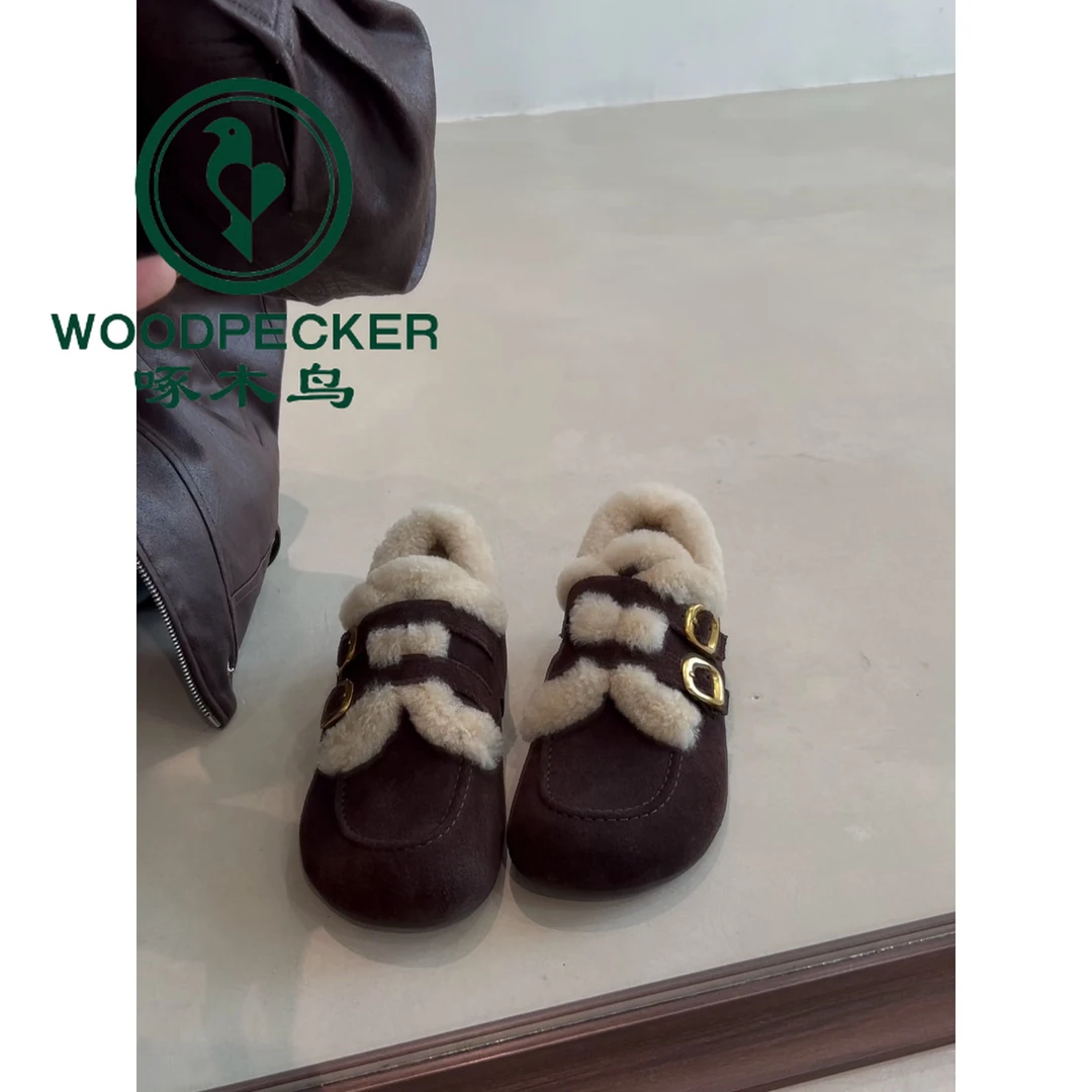 啄木鸟2025冬季新款复古圆头加绒保暖毛毛鞋女厚底内增高勃肯棉鞋