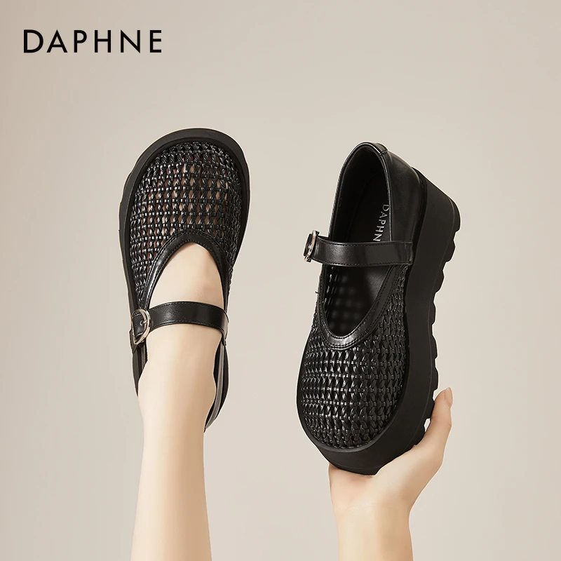 达芙妮坡跟玛丽珍鞋女新款夏季镂空编织透气简约单鞋舒适百搭女鞋