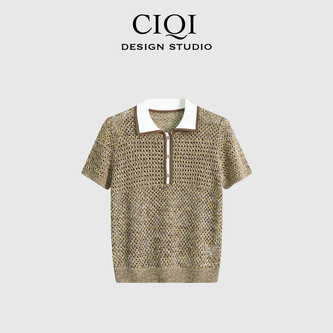 CIQI STUDIO【自由古巴】夏季镂空小众撞色polo针织衫上衣DY25935