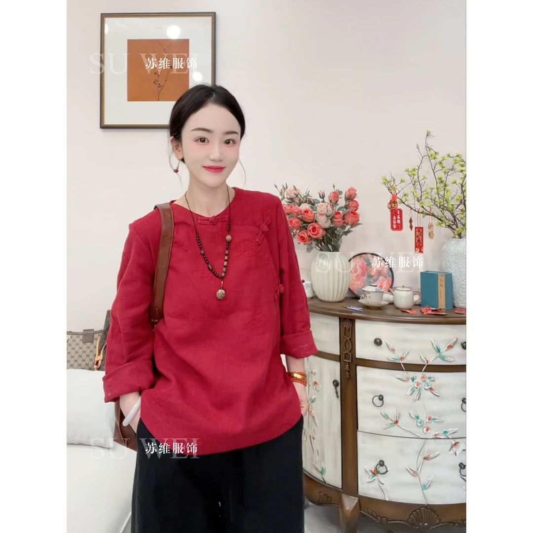 【欢喜】18111-1常规款斜襟上衣文艺小衫套头时尚圆领提花春夏